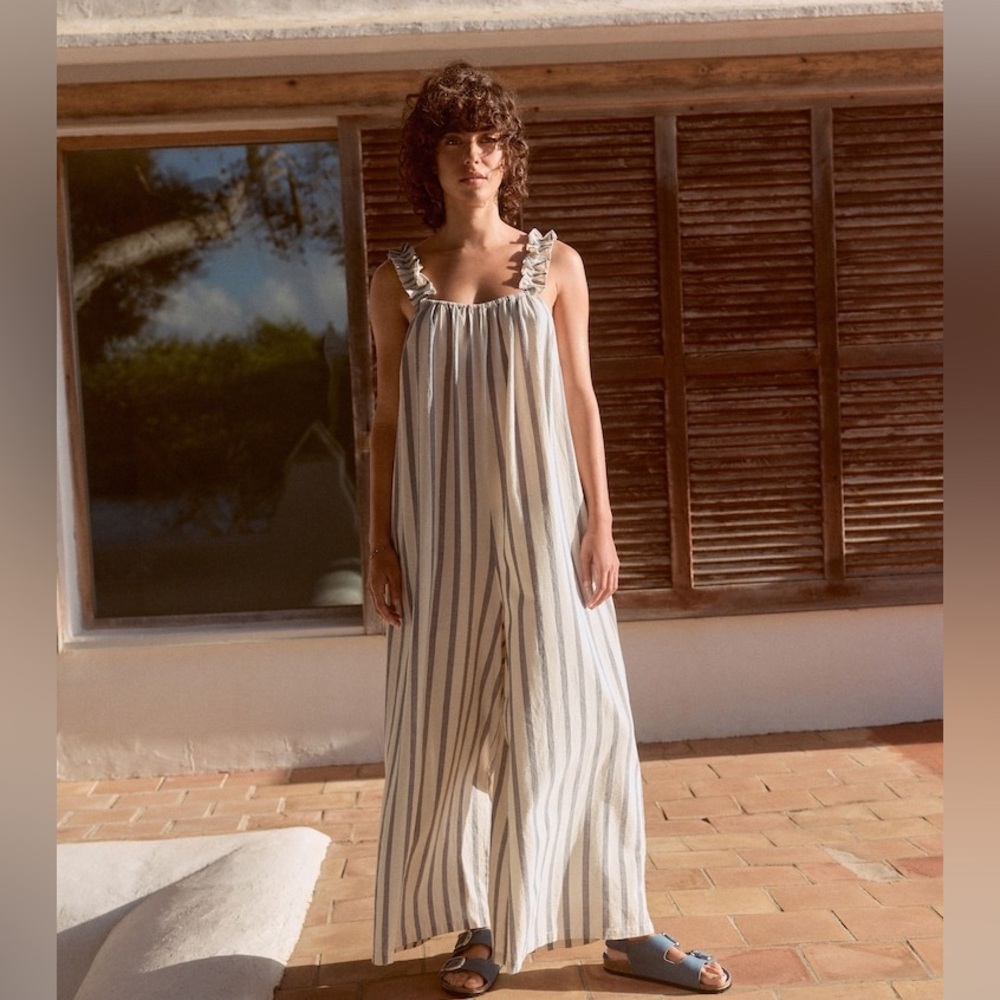 Blue/Ecru Ruffle Strap Wide Leg 100% Cotton Jumpsuit